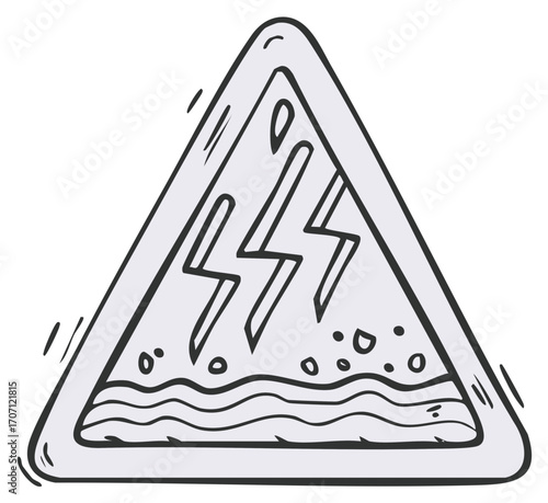 Cartoon Doodle Flood Warning Sign with Lightning and Water
