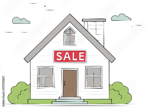 Cartoon house with a sale sign, indicating property on the real estate market, for sale, homeownership, or investment opportunities.
