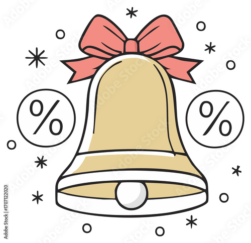 Outline bell with pink bow, percentage symbols, and festive elements for sales promotion