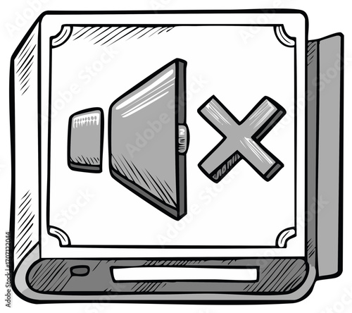 Hand drawn grayscale mute speaker icon on a screen, signifying no audio or sound turned off