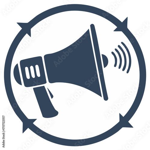 Megaphone icon with circular arrow and sound waves.