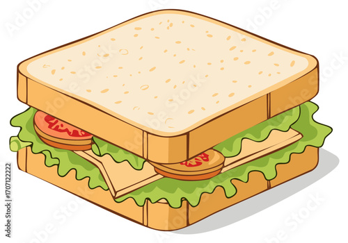 Isometric Sandwich Cartoon Illustration Featuring Bread, Lettuce, Tomato, and Cheese for Lunch Food Design and Fast Food Concepts