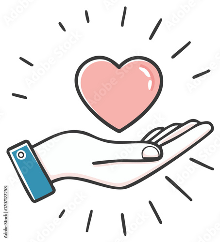 Heart in Hand Sketch Illustration, Charity Concept, Hand Drawn, Flat Design