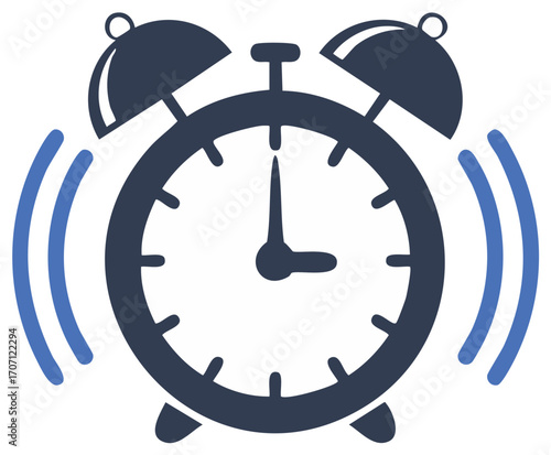 Stylized dark blue alarm clock icon with ringing bells, symbolizing time management, alert, and morning routine.
