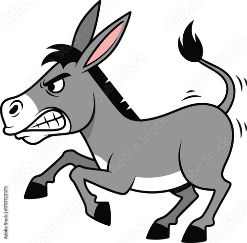 Angry cartoon donkey illustration, aggressive mule character kicking, farm animal vector graphic, isolated clipart for humor, mascot, education, or children design