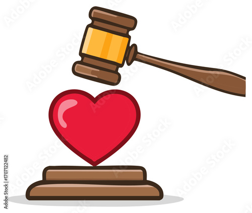 Legal gavel poised above a red heart on a wooden stand, symbolizing judgment and justice