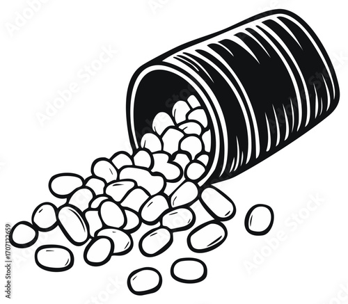 Beans spilling from a can, black and white illustration.