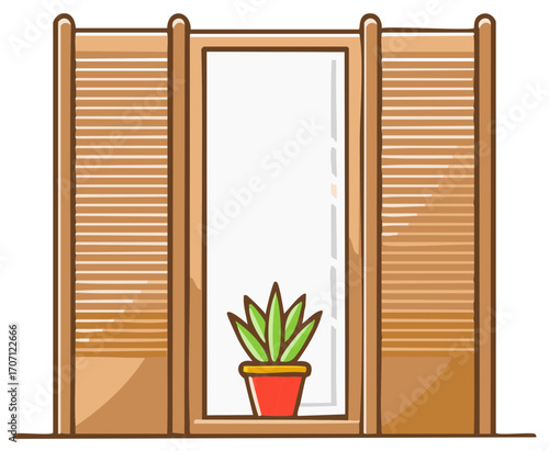 Cute cartoon illustration of a window with wooden shutters and a small potted green plant on the windowsill, simple home decor