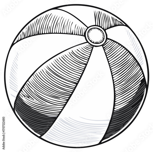 Classic Striped Beach Ball Illustration for Summer Fun and Vacation Play, Engraved Style Graphic