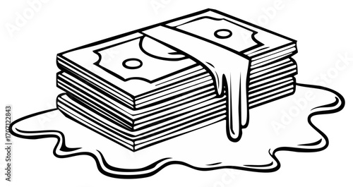 Vector illustration of money pile overflowing, depicting excessive wealth or financial issues in black and white.