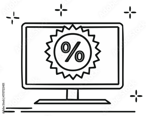 Line art illustration of a computer monitor with a percentage symbol. Discount sale concept.