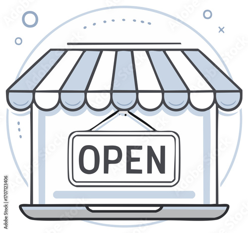 Laptop with shop awning and Open sign concept for online business