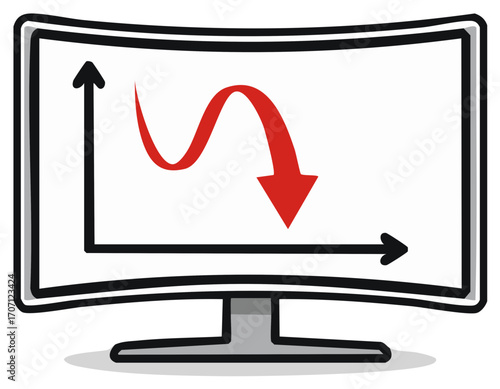 Cartoon computer monitor displaying business graph with red downward arrow showing economic decline