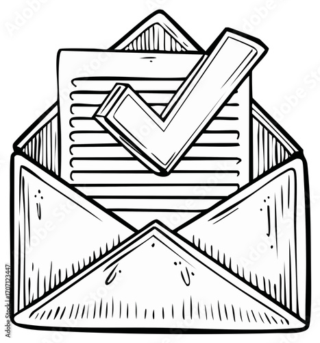 Accepted application letter in open envelope doodle style with check mark inside