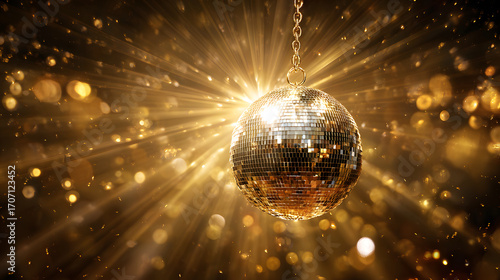 The image shows a disco ball suspended on a chain, located on the right side of the frame in the foreground. The disco ball is made of many small mirrors and reflects light, creating the effect of mul