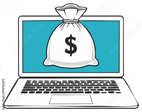 Online income and digital banking concept with a money bag on a laptop computer
