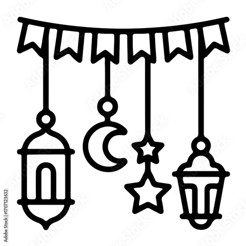Elegant Ramadan decoration with lanterns, moon, and stars creating a festive atmosphere