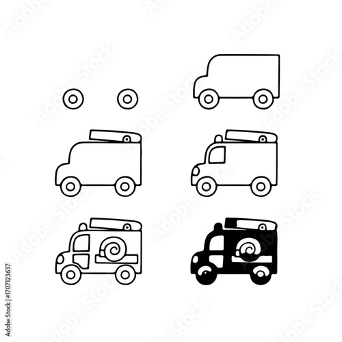 Ambulance icon evolution showing vector design phases for medical emergency transport vehicle