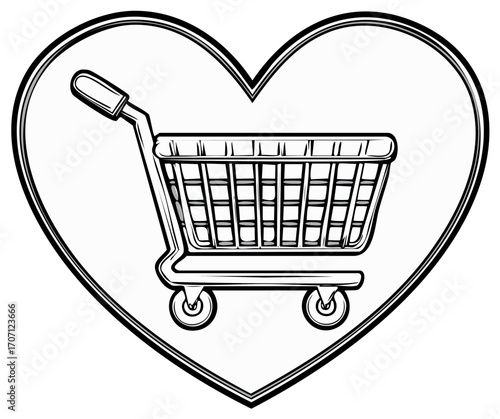 Black and White Shopping Cart inside a Heart Symbol of Love for Retail