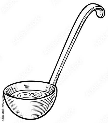 Engraved style kitchen ladle filled with swirling liquid for serving food illustration