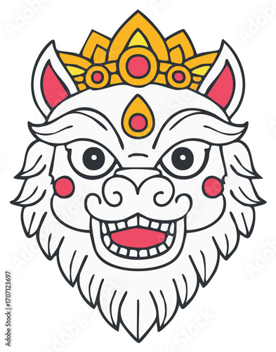 Cartoon Snow Lion Face with Crown, Traditional Asian Symbolism and Culture