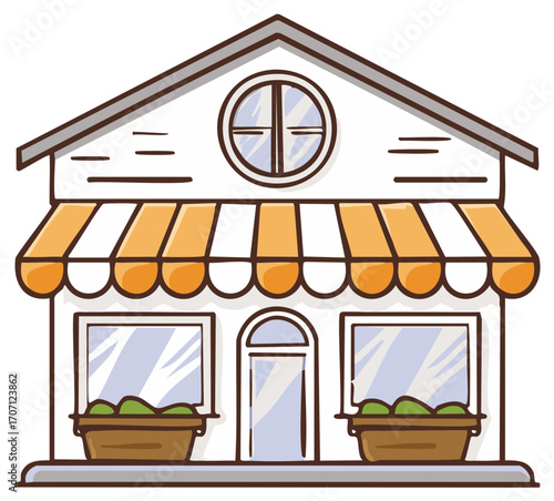 Cartoon store front illustration with awning, door, windows, planters