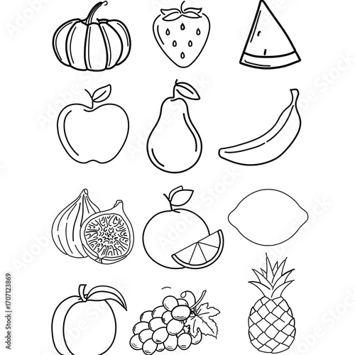 Healthy eating line art compilation showing pumpkin, strawberry, apple, pear, banana, and pineapple