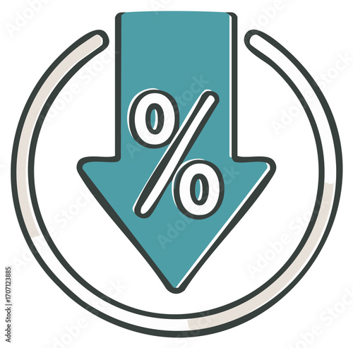 Creative illustration of a percentage down arrow in a sketchy ring symbolizing financial decrease or sale