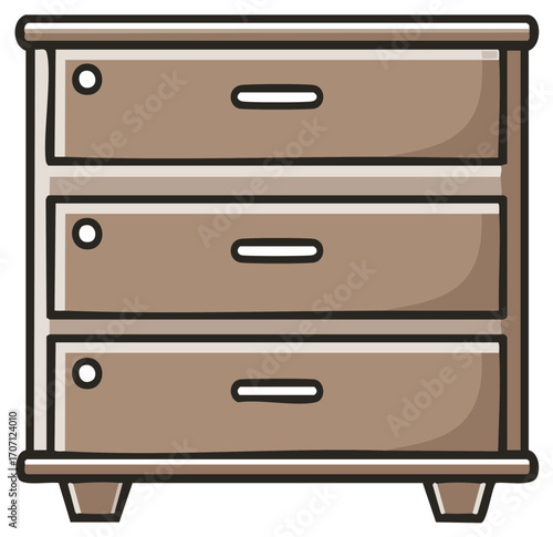 Wooden Dresser with Three Drawers for Bedroom Furniture and Storage Organization, Isolated Vector Illustration