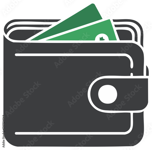Full gray wallet with green paper money, finance icon, payment method and banking cash