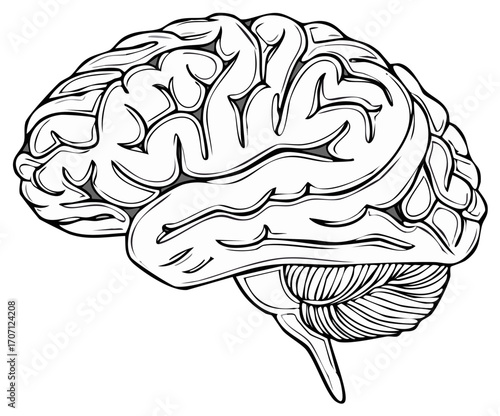 Illustration of Human Brain Anatomy, Neural Organ Silhouette in Black and White