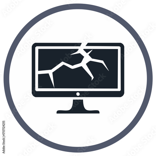 Broken computer monitor icon in a circle. Damaged screen symbol