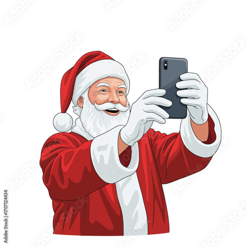 Cheerful Santa Claus in a classic red suit using a mobile phone to take a selfie picture. A fun and modern holiday concept isolated on a white background