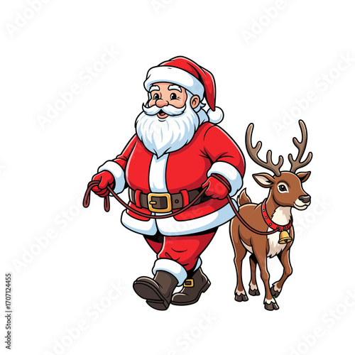 A joyful depiction of Santa Claus taking his reindeer for a walk, a charming holiday mascot design