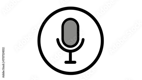 Simple monochrome microphone icon inside a circle, representing voice commands, audio recording, and communication technology