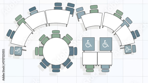 Top-down schematic of a versatile event space layout, showcasing various seating arrangements including round, curved, and accessible tables for inclusivity