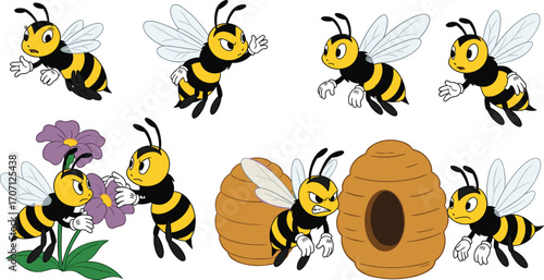 Cartoon bees flying, fighting, collecting nectar, and guarding hive, colorful honey bee vector illustrations, playful insects, perfect for children's animation projects
