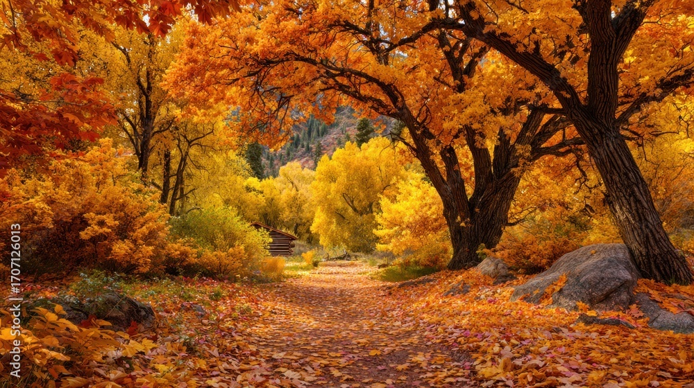 Obraz premium Stunning Autumn Landscape with Vibrant Orange and Yellow Foliage by a Serene Pathway