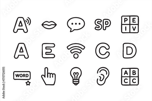 Abstract Communication Icons: A set of unique and simple outline icons representing different aspects of communication, language, and technology