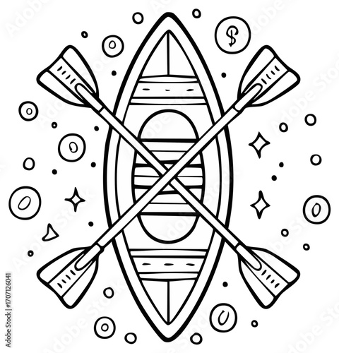 Canoe with crossed oars, bubbles, and stars hand drawn illustration