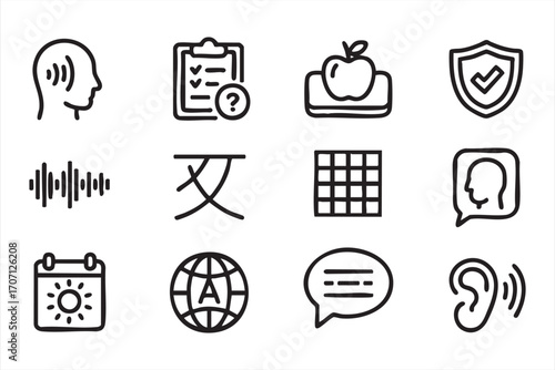 Multifaceted Icon Set: A collection of precisely crafted, monochrome icons depicting language acquisition, knowledge, and the protection of communication concepts.