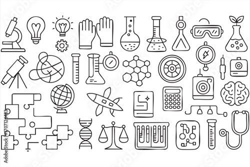 Science and Discovery Icons: A comprehensive array of meticulously illustrated icons, symbolizing the diverse fields of science and exploration.