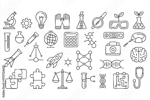 Science Icon Set: A meticulously crafted collection of science icons, illustrating the diverse elements of scientific exploration, innovation, and discovery, each in crisp detail. 
