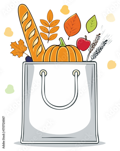 Autumn harvest shopping bag filled with seasonal produce and falling leaves