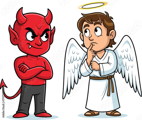 Cartoon Devil and Angel Characters, Good vs Evil Concept, Moral Dilemma Illustration, Inner Conflict, Choices Between Right and Wrong, Vector Art
