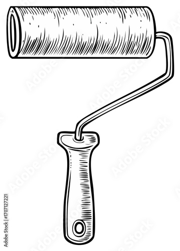 Single vintage paint roller tool illustration with woodcut style hatching