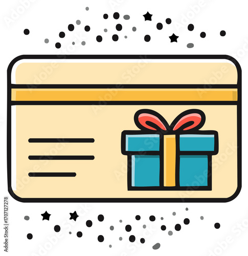 Illustrated gift card with a blue present icon and festive confetti for shopping and celebration