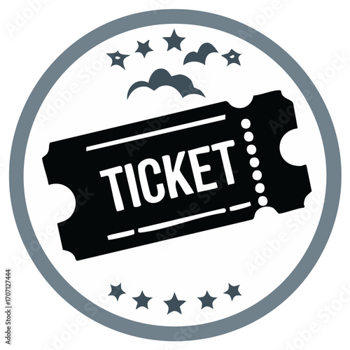 Black event ticket icon with stars and clouds inside a grey circle for entertainment or admission