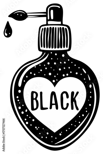 Hand drawn heart shaped bottle pump dispenser illustration with black drop and text