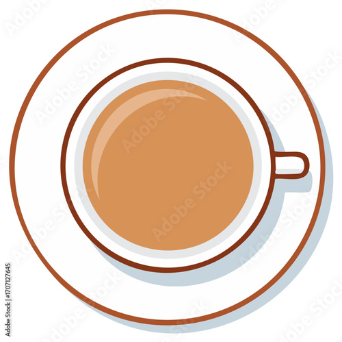 Overhead view of a warm cup of coffee or tea with cream on a white saucer